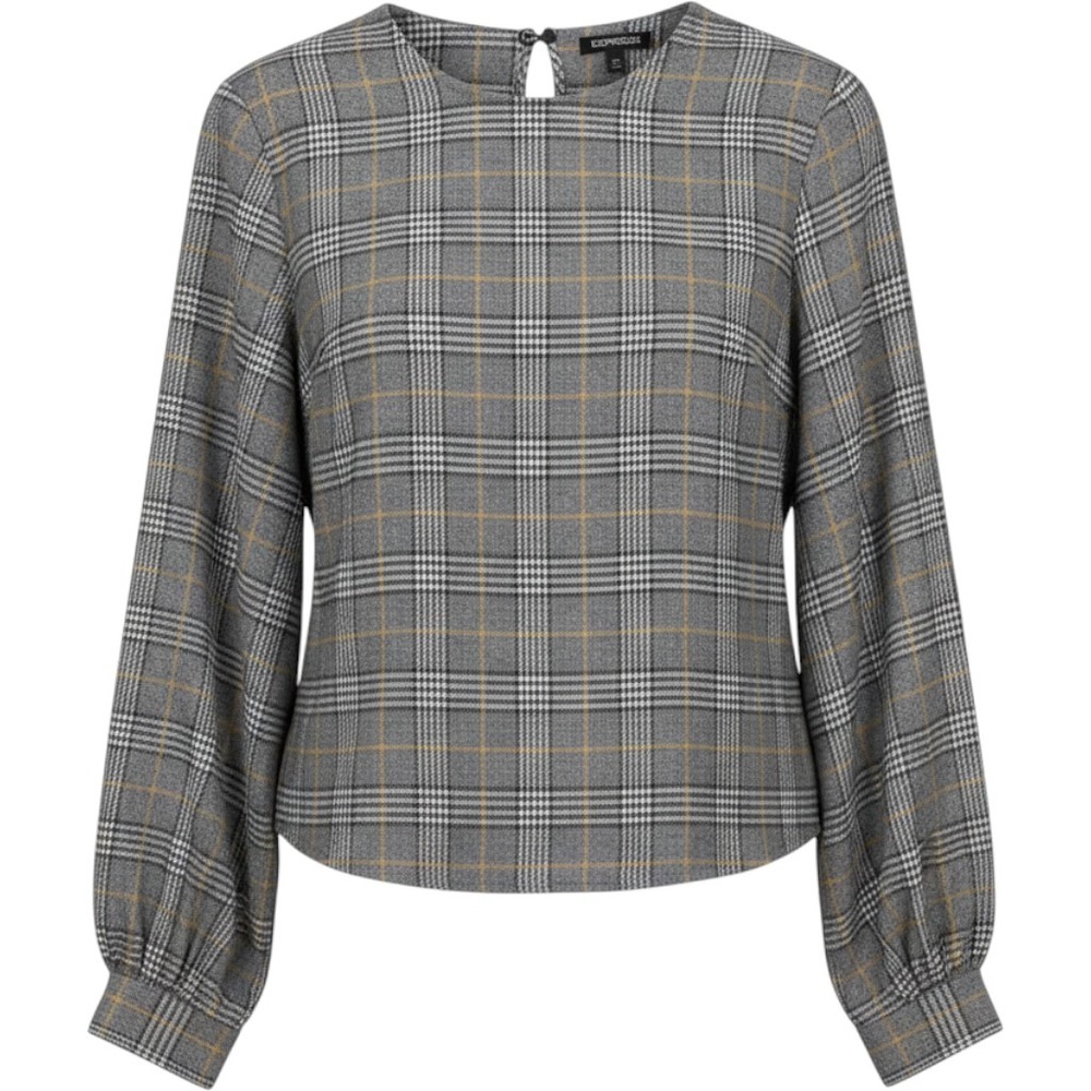 Express Grey Yellow Plaid Balloon Sleeve Keyhole Back Blouse Top XXS